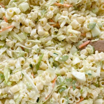 Coleslaw Pasta Salad | Pasta Salad | Side Dish | Coleslaw pasta salad is a fun twist to traditional pasta salad. Loaded with texture, taste, and fabulous crunch. This is the perfect side dish for a summer bbq, picnic, or potluck! It can be made ahead of time too. #pastasalad #sidedish #saladrecipes #bbq #pastasaladrecipes