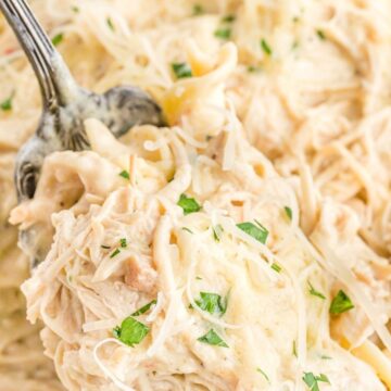 A fork with creamy shredded chicken on it and parsley chunks.