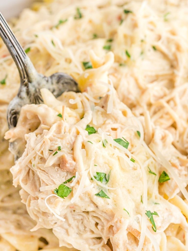 A fork with creamy shredded chicken on it and parsley chunks. 