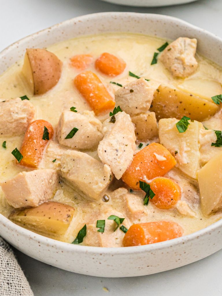 A bowl of stew with creamy broth. 