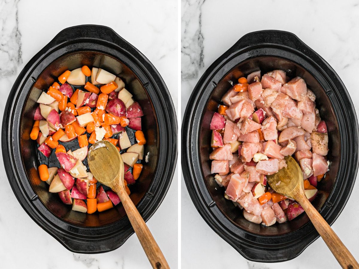 How to make stew with chicken inside the slow cooker with process photos to show the directions. 