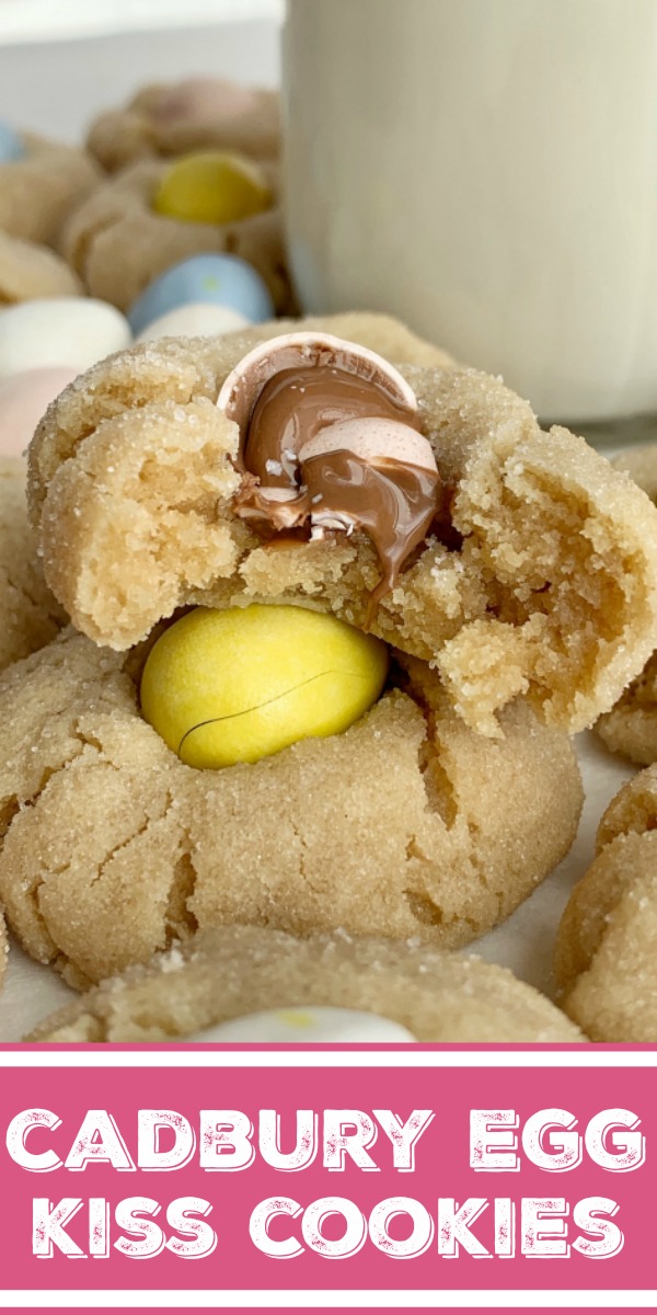 Cadbury Egg Kiss Cookies | Kiss Cookies | Cadbury Mini Eggs | Easter Recipe | Cadbury Egg Kiss Cookies are a fun way to celebrate spring and Easter! Soft, thick peanut butter cookies rolled in sugar and topped with a Cadbury Mini Egg. #easter #easterrecipes #cadburyminieggs #kisscookies #cookies #peanutbutter #dessert #recipeoftheday