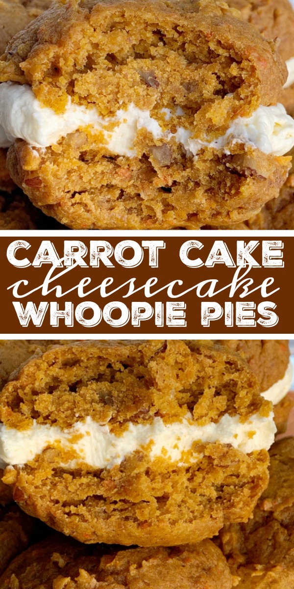 Carrot Cake Cheesecake Whoopie Pies | Whoopie Pies | Carrot Cake | Soft-baked, cake mix carrot cookies with a light and fluffy cheesecake cream filling. Carrot Cake Cheesecake Whoopie Pies are the best of both worlds. Carrot cake + whoopie pie! #carrotcake #cheesecakerecipes #carrotcakerecipes #easterrecipe #recipeoftheday #dessertideas #dessertrecipes