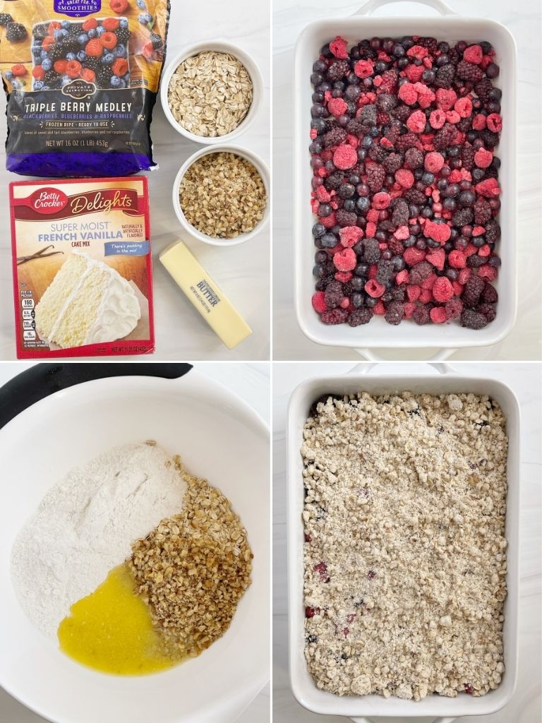 Four pictures that show, step by step, how to make a berry crisp dump cake. 