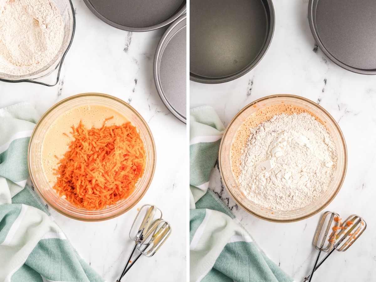 Step by step photo collage for how to make layered carrot cake. A mixing bowl and ingredients in each picture. 