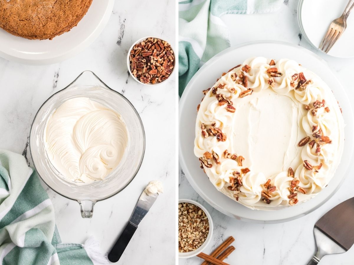 How to make cream cheese frosting with a mixing bowl, ingredients shown, and how to step by step picture collage.