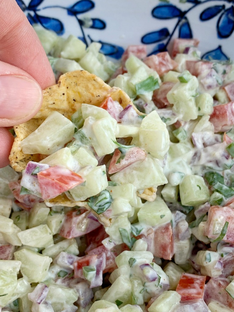 Cucumber Salsa | Healthy Recipe | Salsa Recipes | Cucumber salsa is full of fresh cucumber, tomatoes, cilantro, red onion, jalapeño, and a light & creamy seasoned dressing. Serve with chips, as a side dish, or on top of grilled meat for a deliciously light summertime recipe. #appetizerrecipes #salsas #dips #recipeoftheday #healthyrecipes #summerrecipes