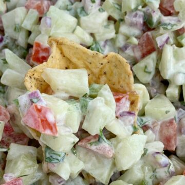 Cucumber Salsa | Healthy Recipe | Salsa Recipes | Cucumber salsa is full of fresh cucumber, tomatoes, cilantro, red onion, jalapeño, and a light & creamy seasoned dressing. Serve with chips, as a side dish, or on top of grilled meat for a deliciously light summertime recipe. #appetizerrecipes #salsas #dips #recipeoftheday #healthyrecipes #summerrecipes