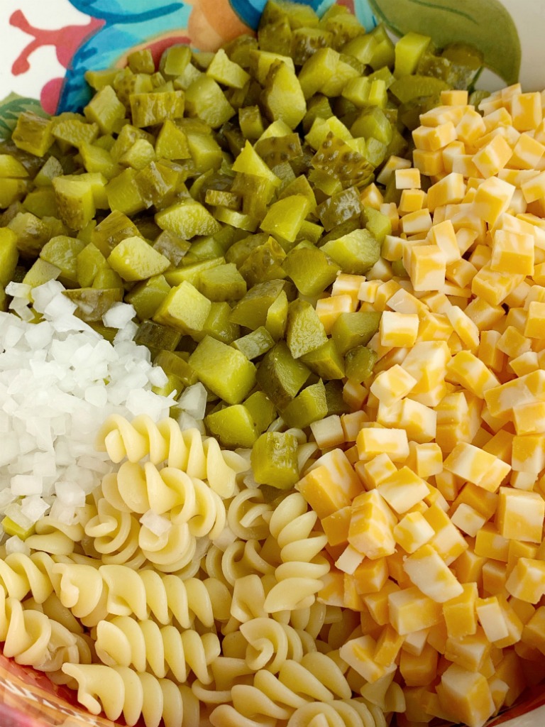 Ingredients for dill pickle pasta salad