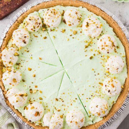 Top view of the sliced no bake pistachio pie