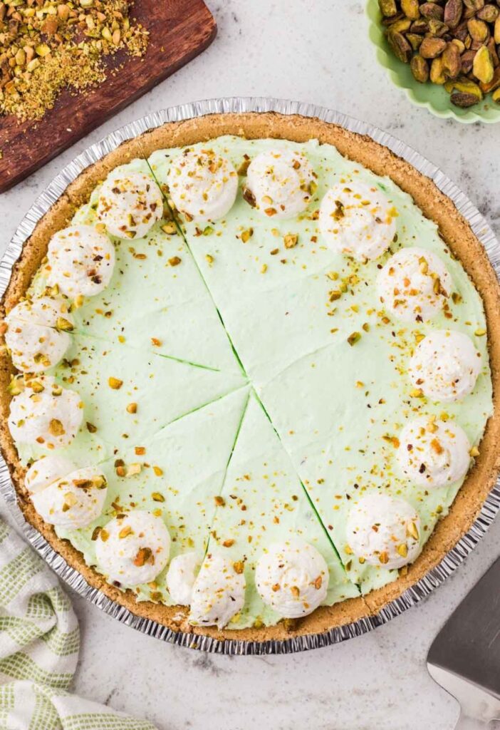Top view of the sliced no bake pistachio pie