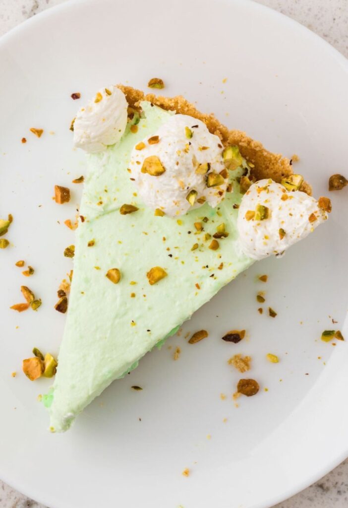 Top view of a slice of the pistachio pudding pie