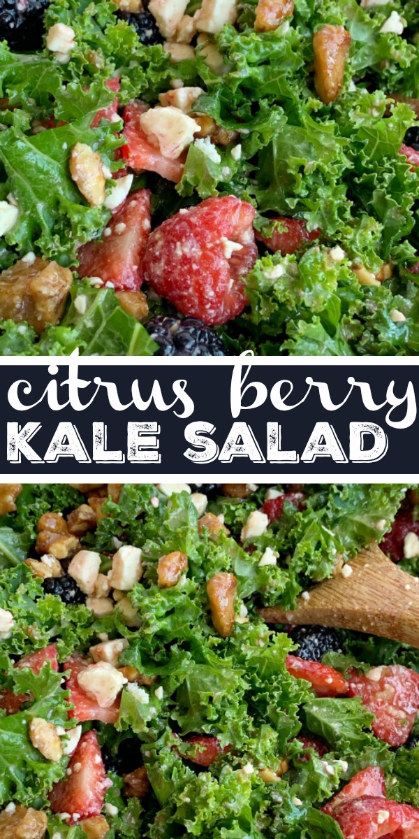 Citrus Berry Kale Salad | Kale Salad | Healthy Salad Recipe | Kale Salad with fresh strawberries, raspberries, and blackberries! Topped with feta cheese, glazed walnuts and a super simple homemade citrus olive oil dressing. This salad can make anyone a kale fan. #kalesalad #kalerecipes #healthyrecipes #salad #sidedish #saladrecipes #recipeoftheday #summerrecipes