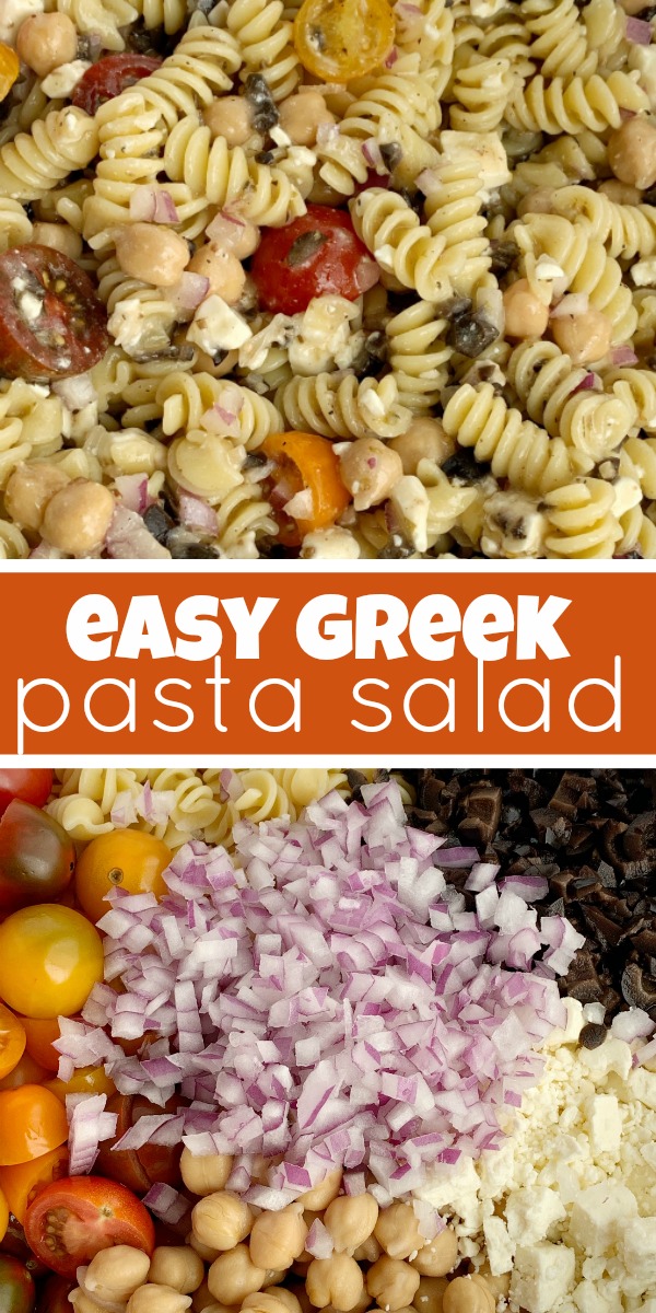 Greek Pasta Salad | Pasta Salad Recipes | Easy Greek Pasta Salad with tender spiral pasta, feta cheese, black olives, cherry tomatoes, red onion, and chickpeas with a easy dressing of Greek Vinaigrette salad dressing. So much flavor and texture, it's sure to be a hit. #salad #pastasalads #greek #sidedish #summerrecipes #pastasaladrecipes #recipeoftheday