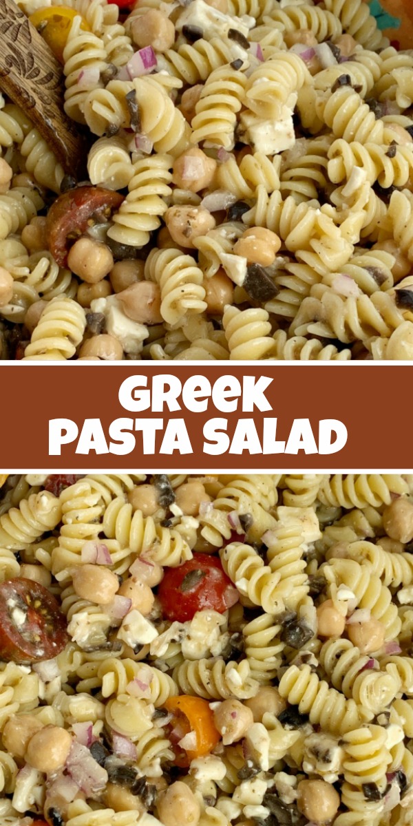 Greek Pasta Salad | Pasta Salad Recipes | Easy Greek Pasta Salad with tender spiral pasta, feta cheese, black olives, cherry tomatoes, red onion, and chickpeas with a easy dressing of Greek Vinaigrette salad dressing. So much flavor and texture, it's sure to be a hit. #salad #pastasalads #greek #sidedish #summerrecipes #pastasaladrecipes #recipeoftheday