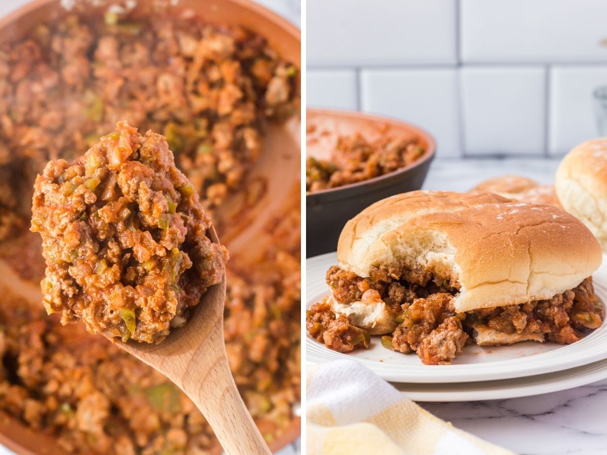 A pan of sloppy Joe mixture with two photos showing a sloppy Joe. 