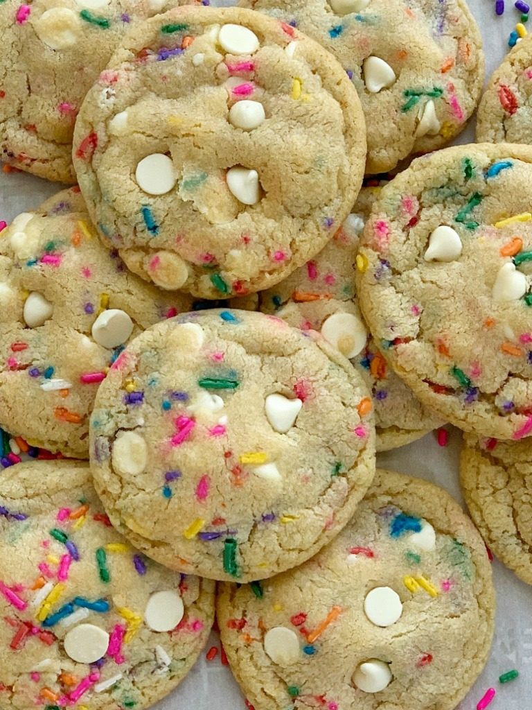 White Chocolate Funfetti Pudding Cookies | Pudding Cookie Recipe | Funfetti Cookies | Funfetti Cookies are loaded with white chocolate, funfetti sprinkles, and instant pudding mix which makes them so thick, chewy, buttery, and soft-baked! These funfetti cookies will stay soft for days! #cookierecipe #cookies #puddingcookies #dessertrecipe #easyrecipe #recipeoftheday