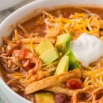 Side view of a white bowl of tortilla soup