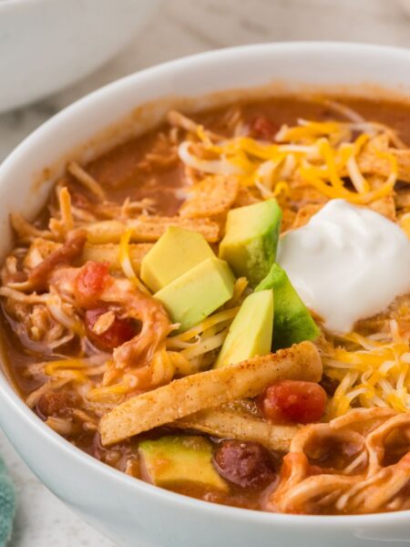 Side view of a white bowl of tortilla soup