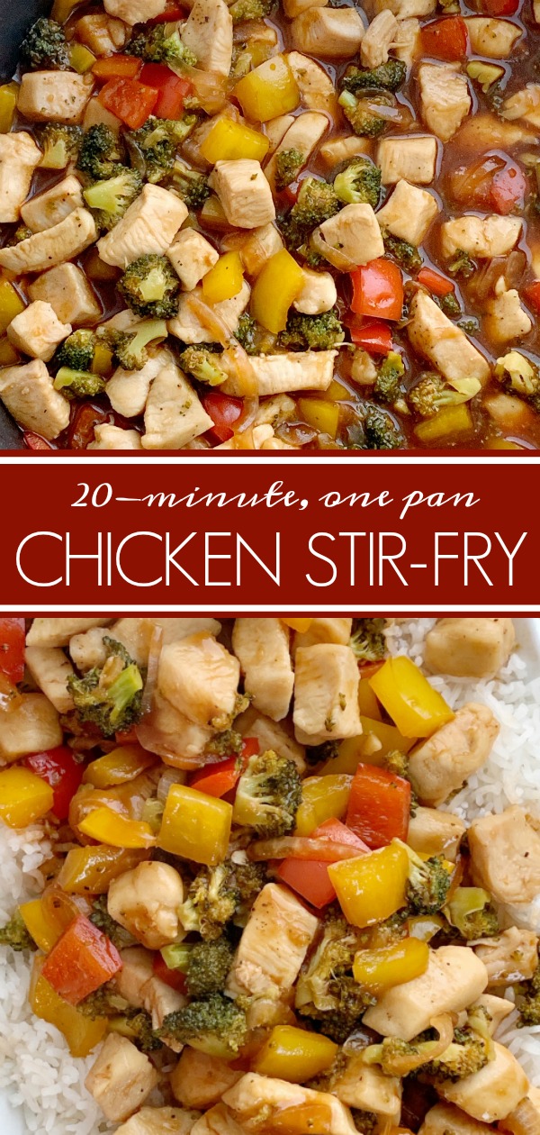 20 Minute, One Pan Stir-Fry Recipe | This family favorite Stir-Fry Recipe only needs one pan and 20 minutes! Chunks of tender chicken, fresh veggies in a deliciously unique (and easy!) homemade stir-fry sauce. Serve over rice for a family favorite dinner. #dinnerideas #dinnerrecipe #stirfry #onepot #onepanrecipe #recipeoftheday