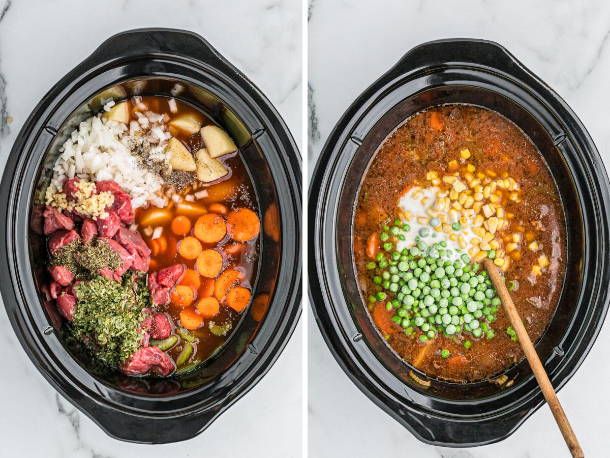 How to make beef stew in a slow cooker with step by step instructions with photos in this collage with two pictures in it.