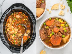How to make beef stew in a slow cooker with step by step instructions with photos in this collage with two pictures in it.