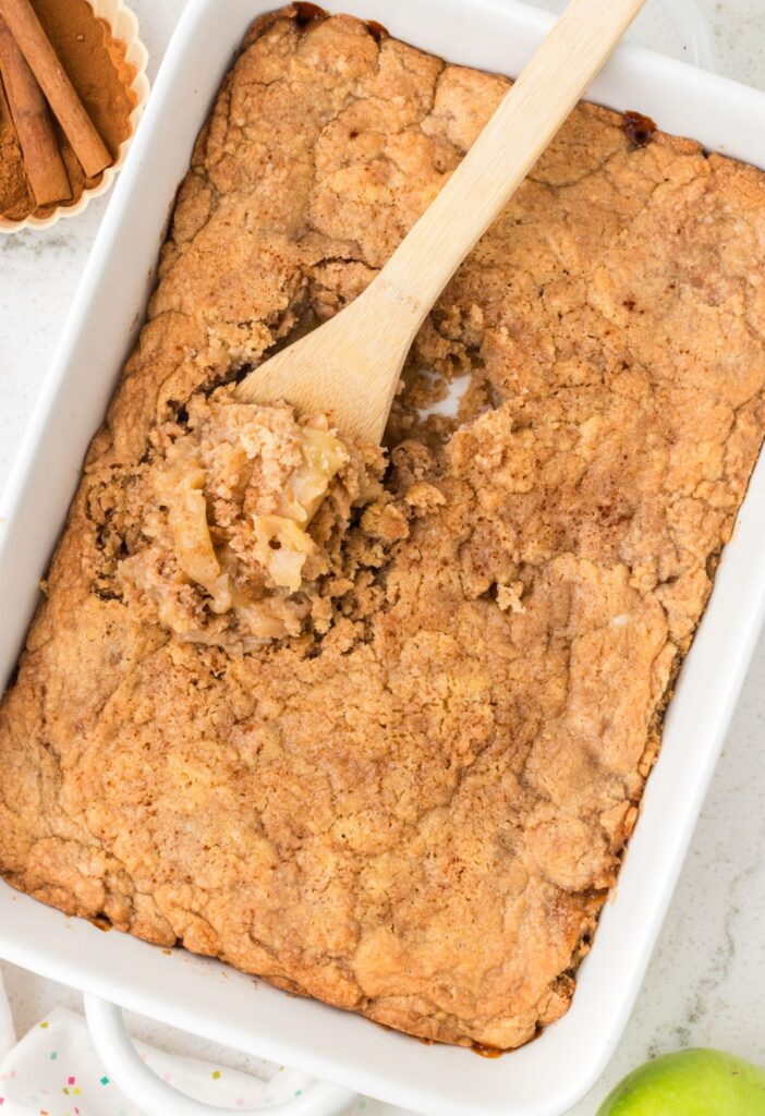 Pan of apple cobbler with snickerdoodle topping.