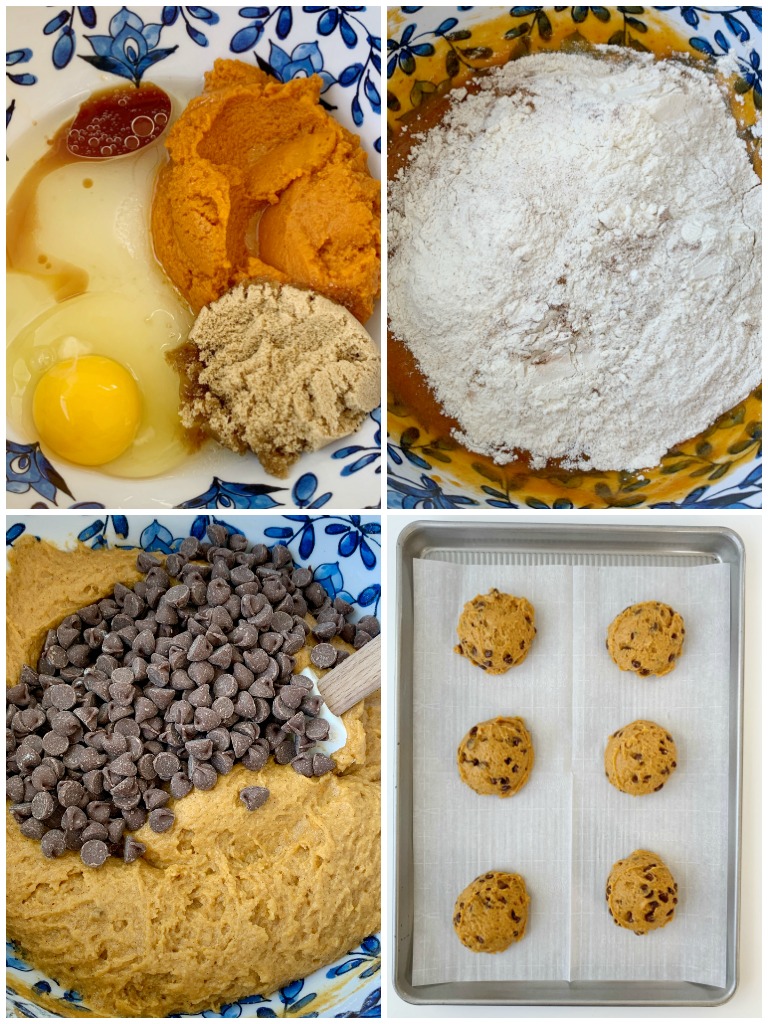 Pumpkin Chocolate Chip Cookies just like you find at a bakery! Big cookies that are soft-baked, loaded with milk chocolate chips, and all the warm pumpkin spices. 