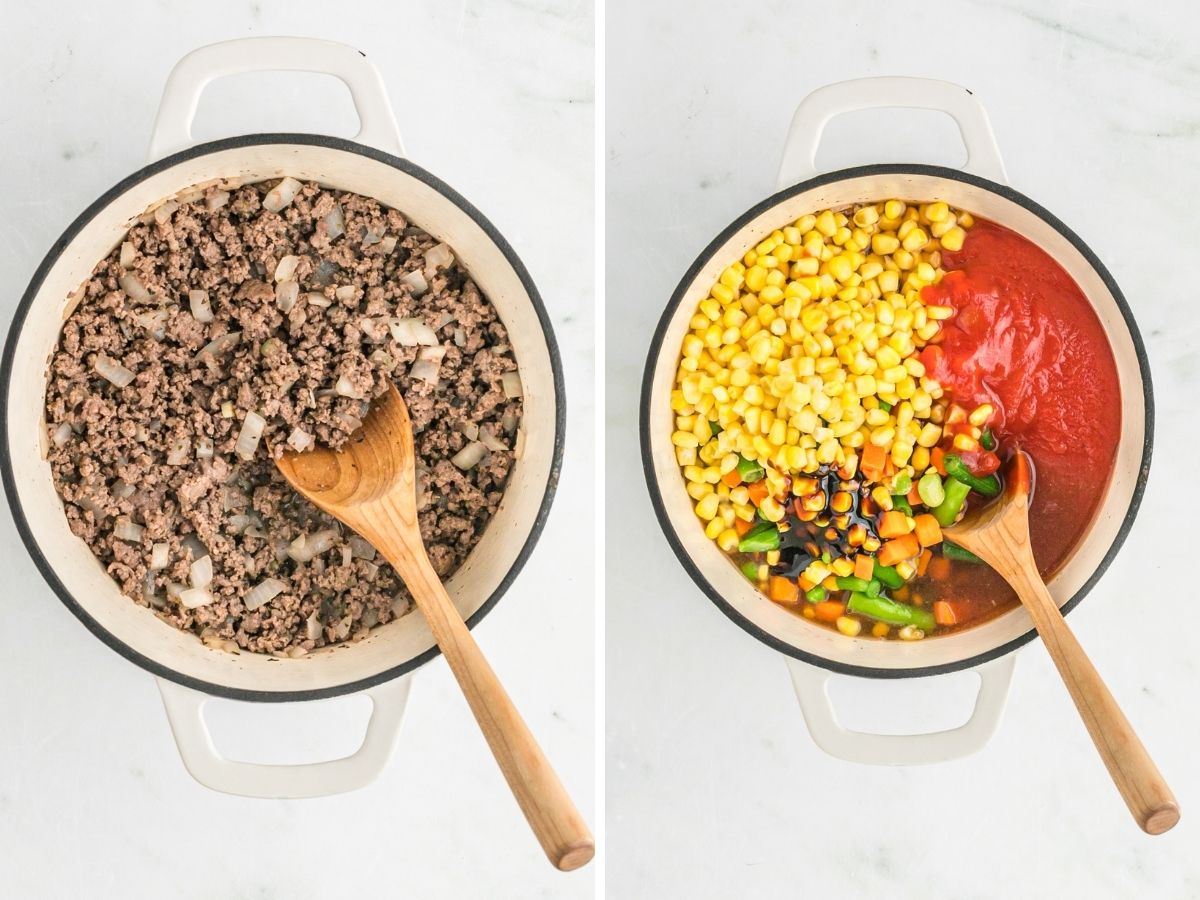 Step by step photos showing a soup pot with ingredients inside of it. Showing how to make ground beef vegetable soup. 