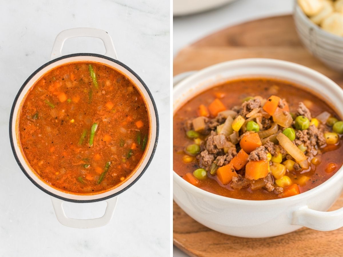 Step by step photos showing a soup pot with ingredients inside of it. Showing how to make ground beef vegetable soup. 
