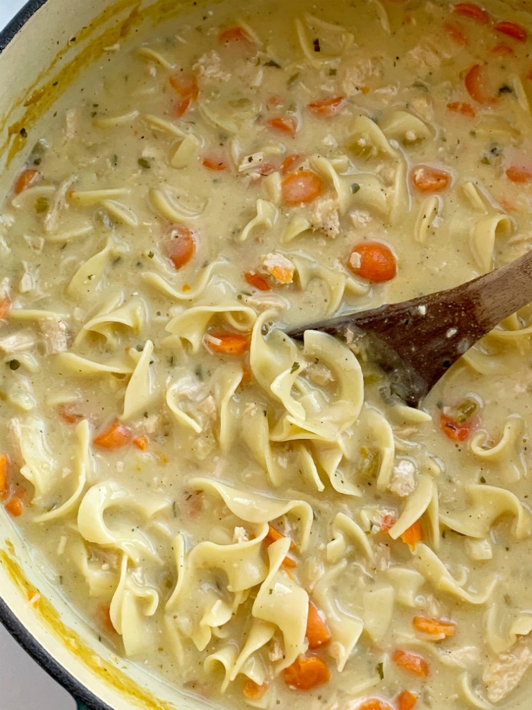 Creamy Chicken Noodle Soup is a creamy version of the classic comfort food chicken noodle soup. Chicken, carrots, onion, egg noodles in a creamy and flavorful seasoned chicken broth base.
