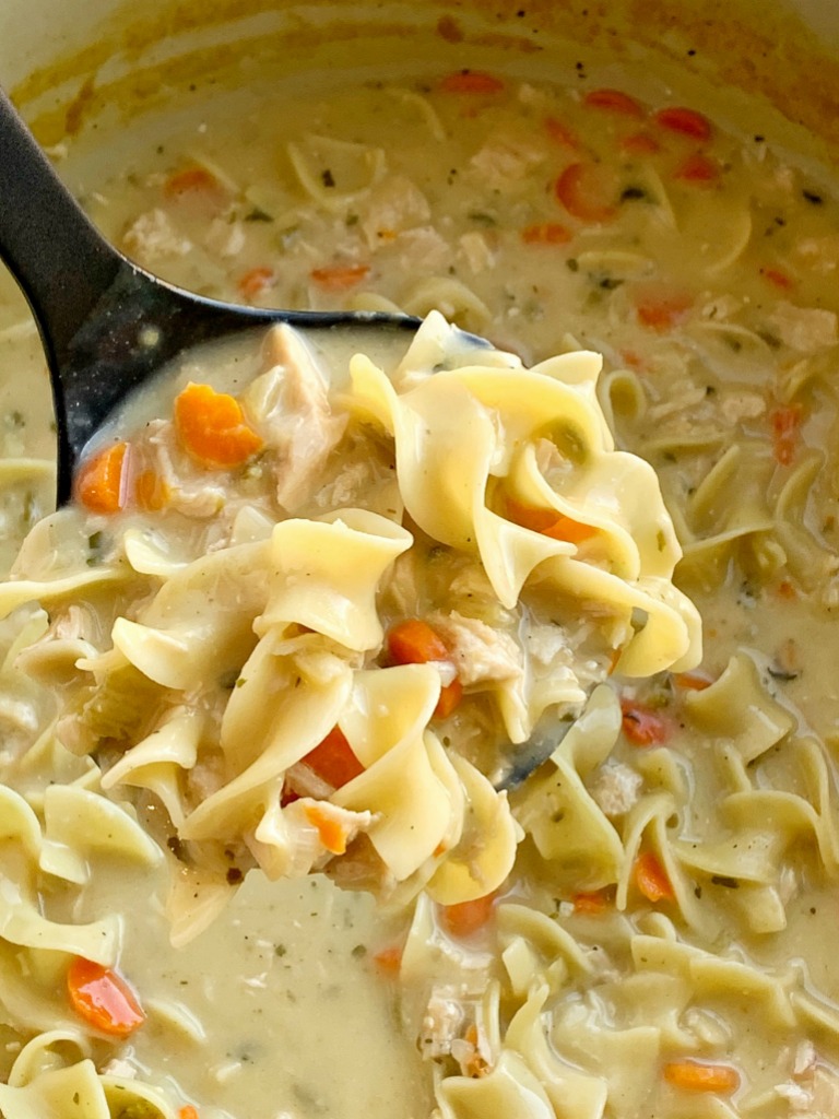 Creamy Chicken Noodle Soup is a creamy version of the classic comfort food chicken noodle soup. Chicken, carrots, onion, egg noodles in a creamy and flavorful seasoned chicken broth base. 