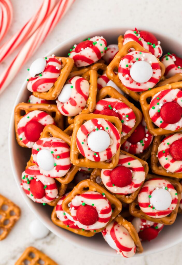 hero pic of the pretzel bites with peppermint candy cane kisses.
