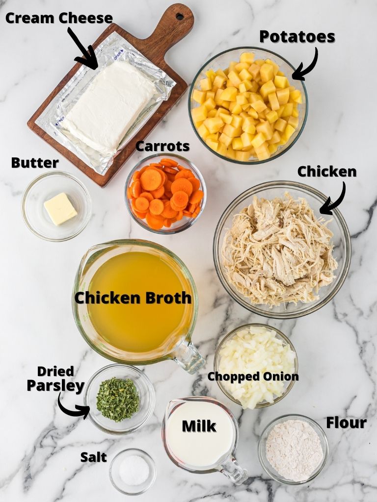 Ingredients needed to make this soup recipe. Each ingredient has a text label with the name of it. 