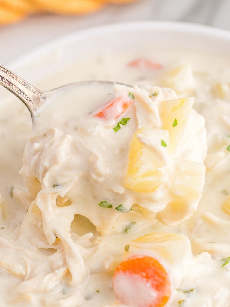 Spoonful of creamy chicken soup with a bowl of soup in the background.