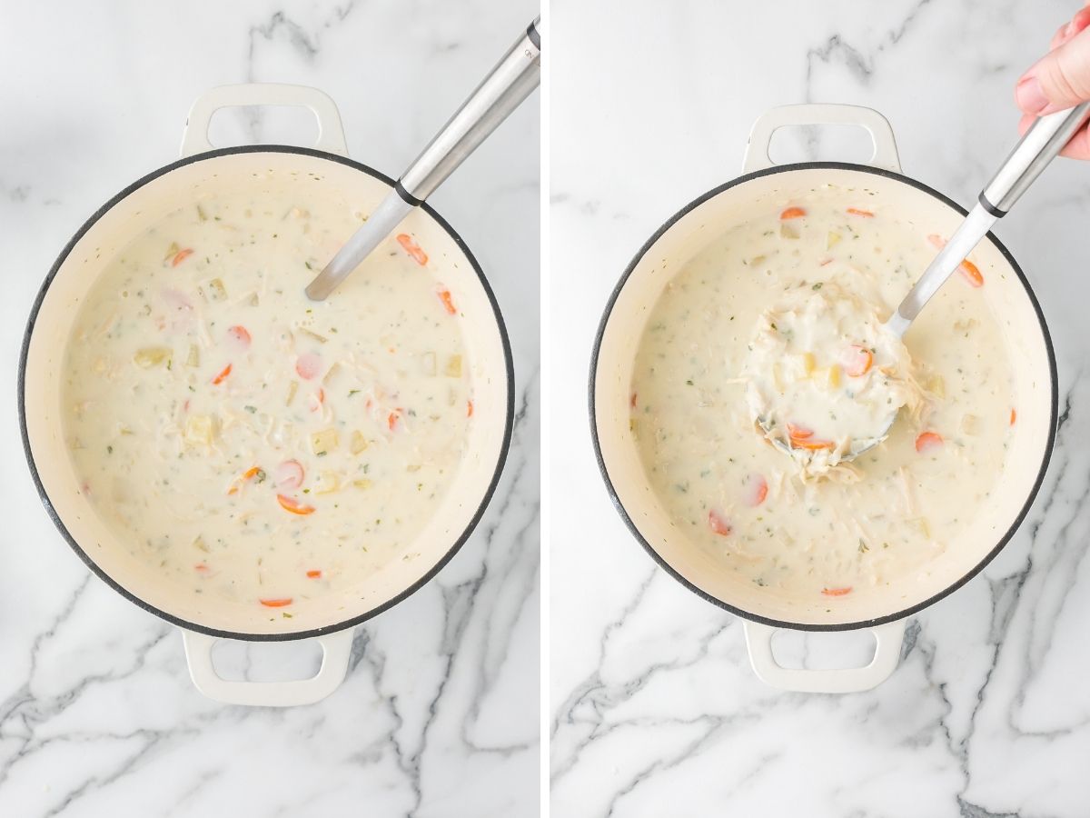 Creamy soup inside a soup pot. Two pictures in the collage. 