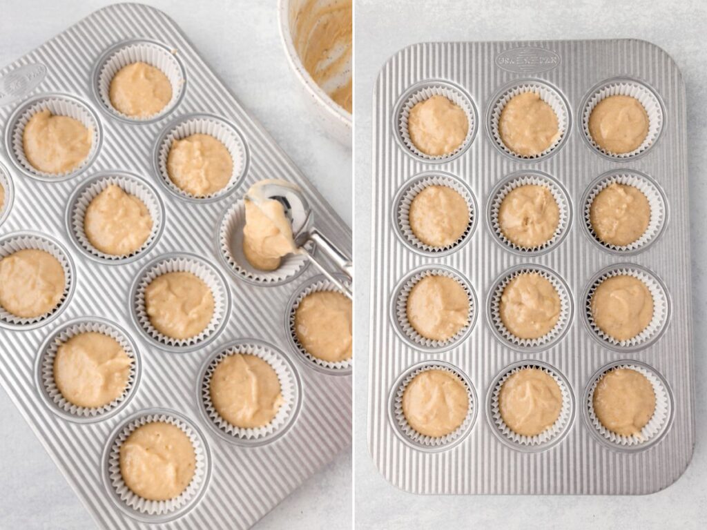 Process images for how to make this muffin recipe with ripe bananas.