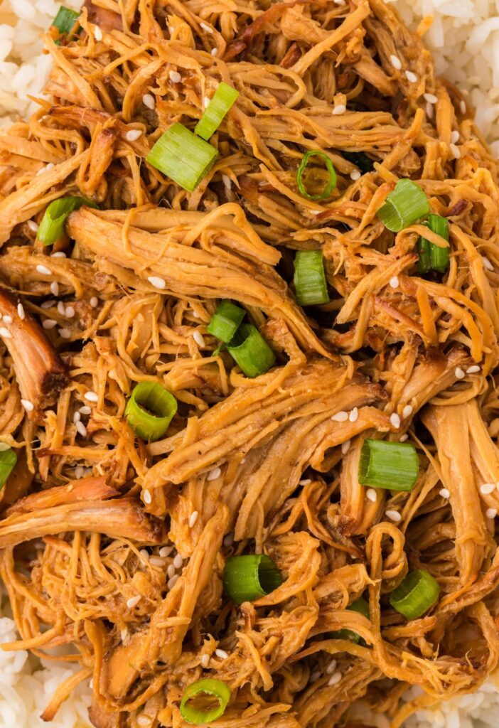Close up of the shredded sweet garlic chicken with green onions on top