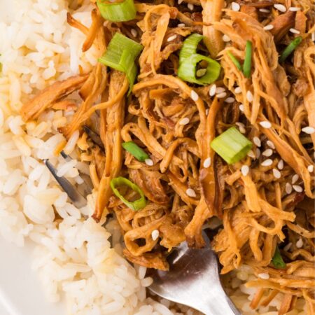 A serving of white rice with sweet garlic chicken on top of it and a fork.