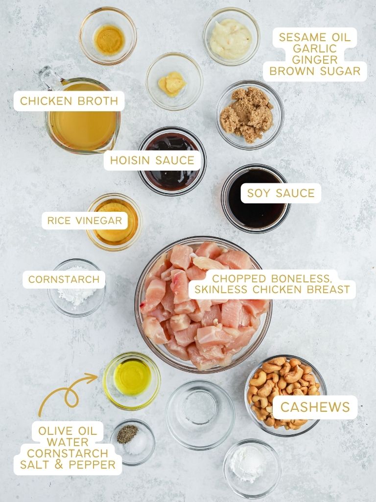 Ingredients for cashew chicken with each one labeled in text. 