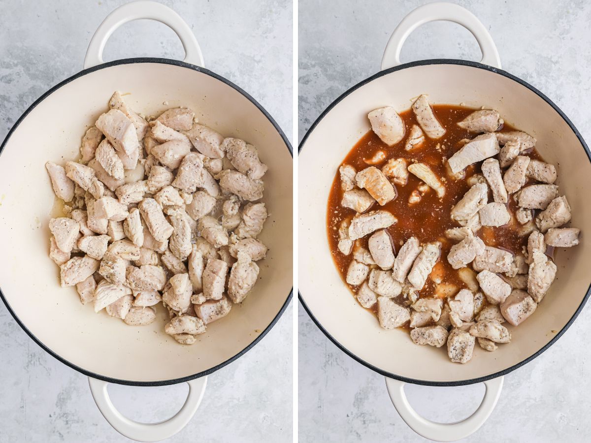 How to make one pan cashew chicken with step by step process photos in this collage. 
