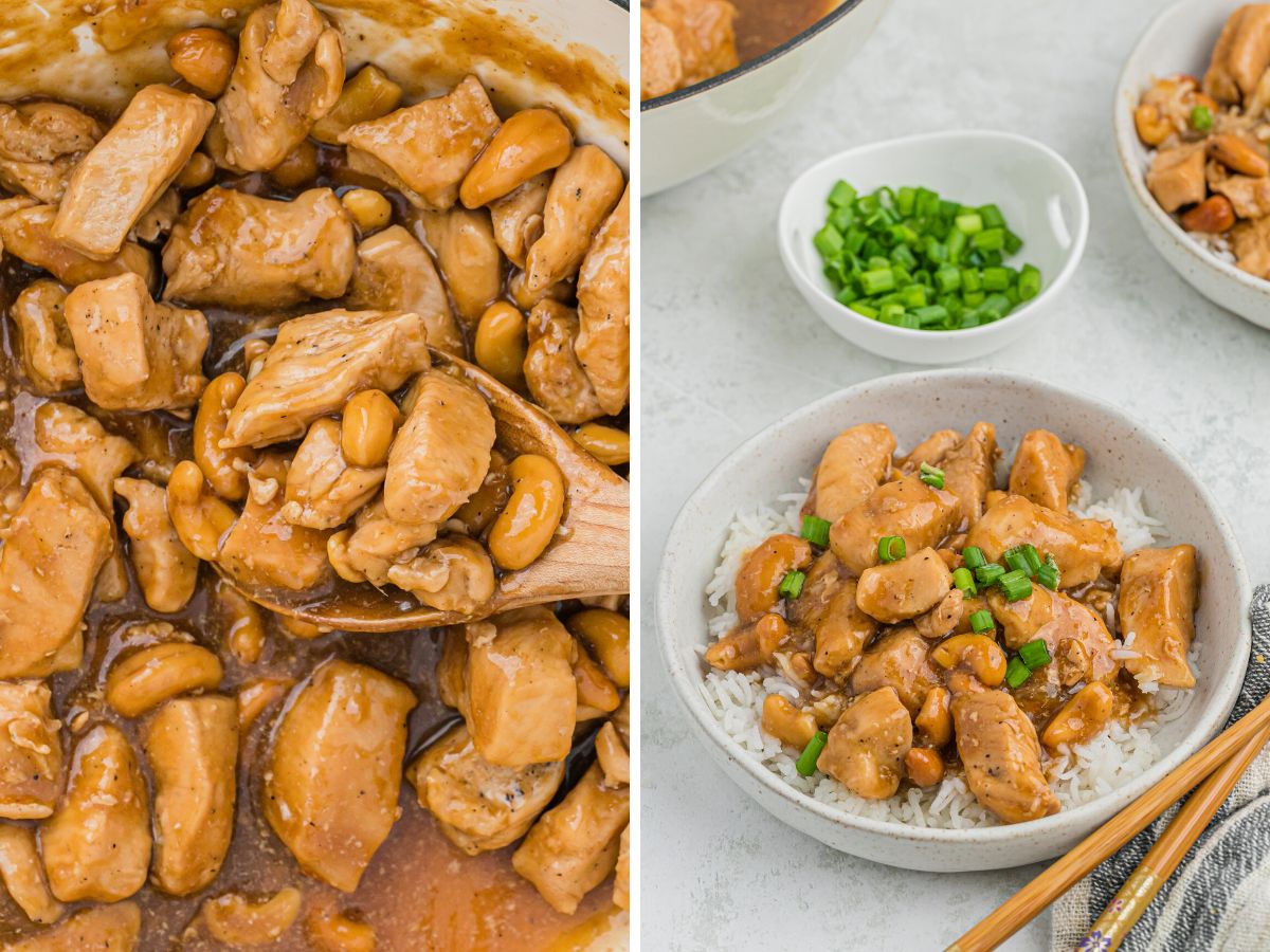 How to make one pan cashew chicken with step by step process photos in this collage. 