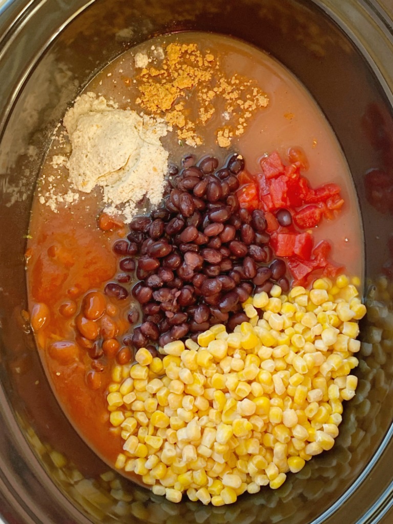 Ingredients shown in the slow cooker for what you need to make chicken chili recipe. 