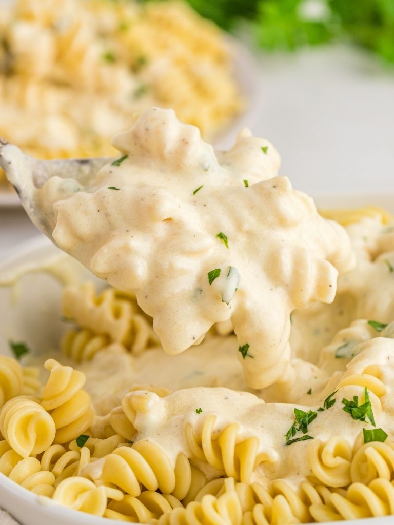 A scoop of alfredo pasta on a spoon over a white plate.