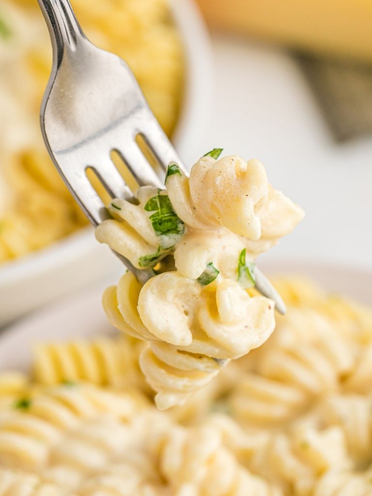 A fork with some alfredo pasta on it. 
