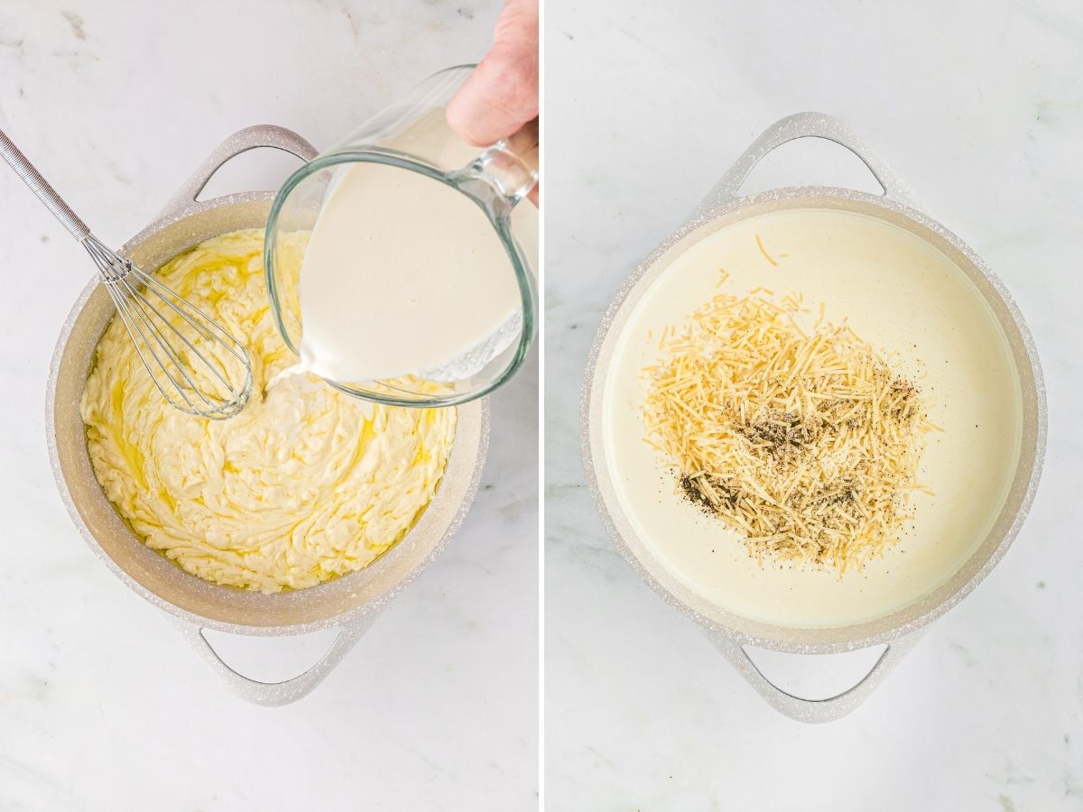 How to make alfredo sauce with two pictures of a white pot with one step in each picture. 