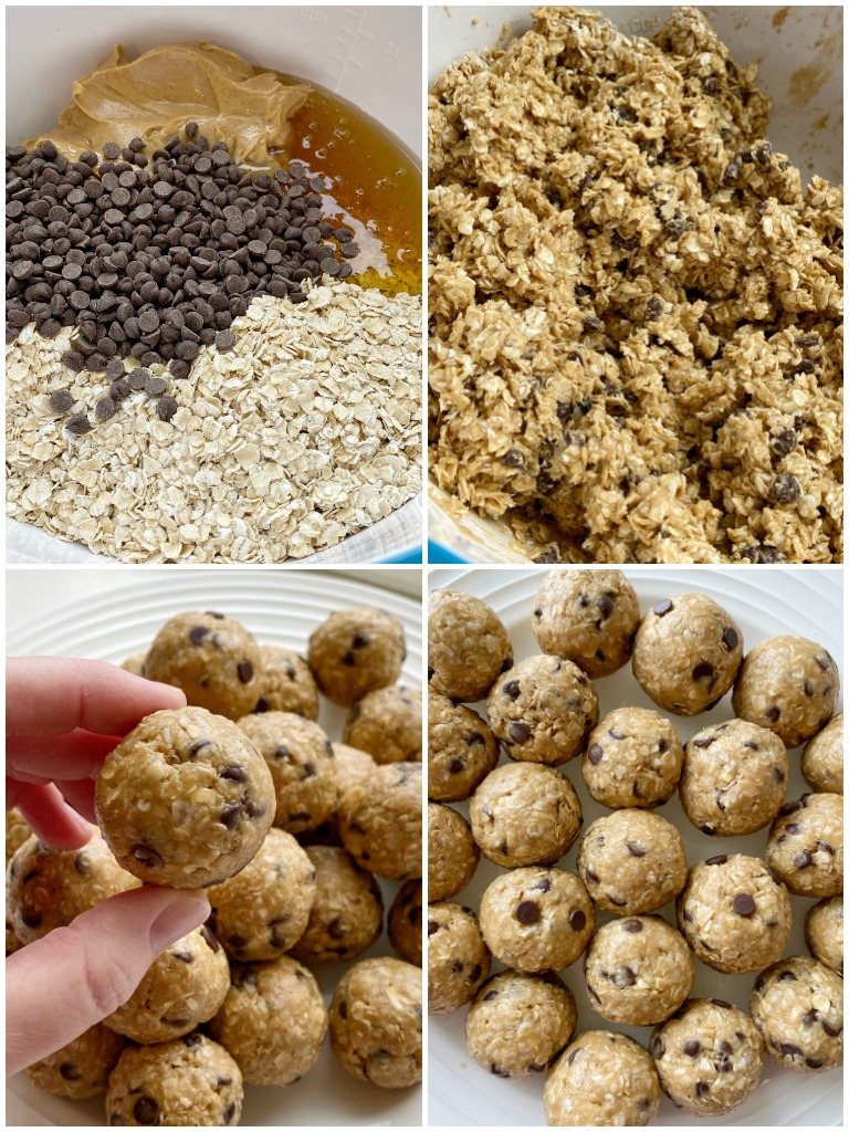 Energy Oatmeal Balls require only 4 ingredients! Quick oats, peanut butter, honey, and mini chocolate chips are all you need for these perfect snack-sized energy oatmeal balls. 