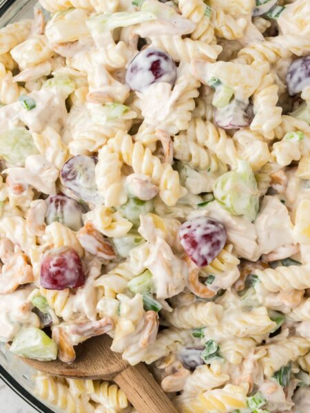 A close up pic of the chicken pasta salad with cashews and fruit