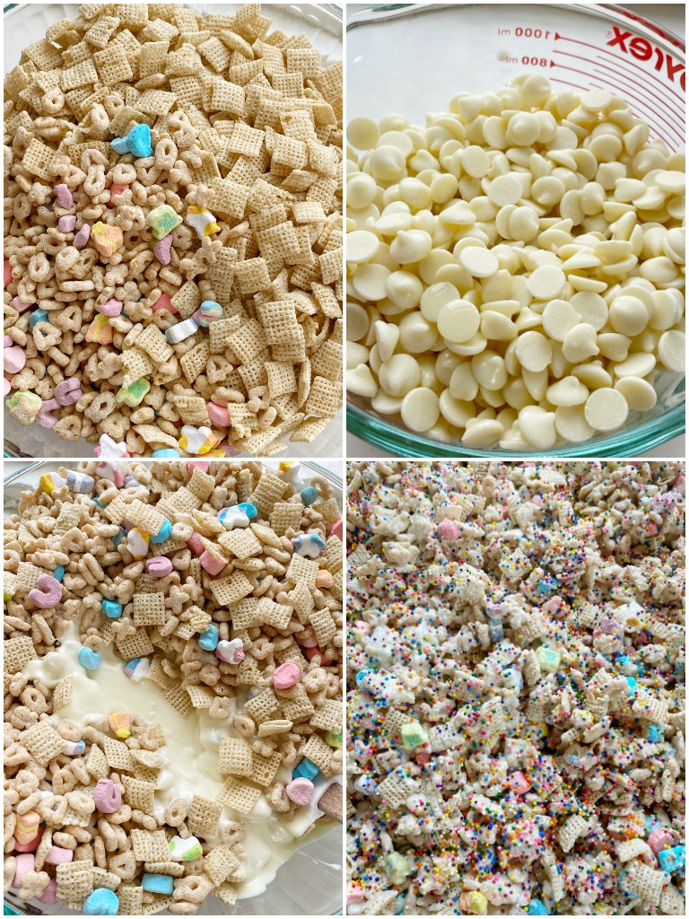 Lucky Charms Rainbow Snack Mix is a sweet and crunchy snack mix of lucky charms cereal, rice chex cereal, white chocolate chips, and rainbow sprinkles! Only 5 ingredients for this easy and delicious lucky charms snack mix.