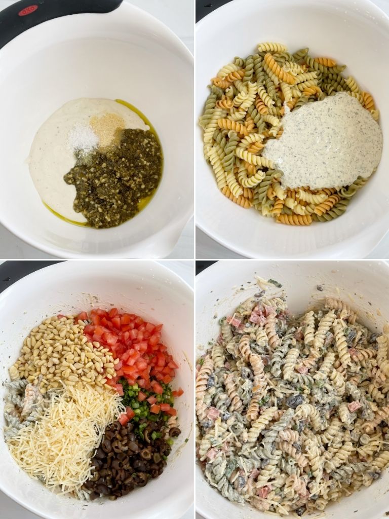 How to make pesto pasta salad with step-by-step pictures in a photo collage. 